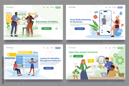 Landing Page Design Templates Set. Web Page Layouts for Data Scientists, Social Media Marketing and Workflow Management Specialists. Flat vector illustration collection isolated on background