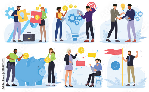 Teamwork Scene Set. Crowdfunding and partnership. Office workers and entrepreneurs generate ideas, communicate and invest money to achieve success. Flat vector illustration isolated on background