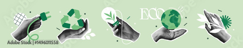 Eco friendly stickers. Halftone style hands holding light bulb, plug, plant branch, globe and recycling sign. Zero waste lifestyle and sustainability. Vector illustration isolated on background
