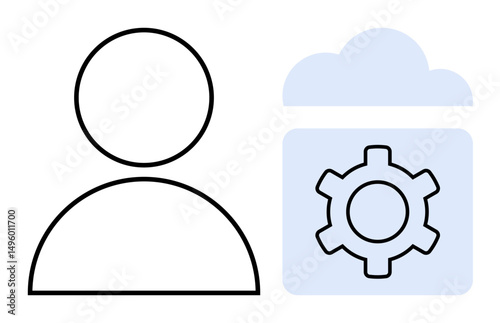 Person avatar beside cloud icon with gear symbol, representing user profile setup, cloud management, and system configuration. Ideal for tech support, software tools, cloud services, data storage