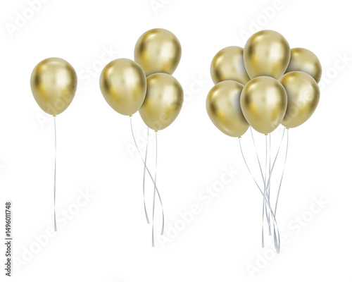 Set of 3d realistic golden glossy holiday balloons. Luxury inflatable shiny gold balloons flying in the air, decorations for birthday or other gala events. Vector illustration