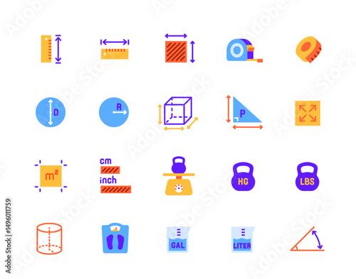 Set of measurement icons. Colorful signs with tape measure, weight and scales for measuring length, weight and volume. Design for app. Flat vector illustration collection isolated on background
