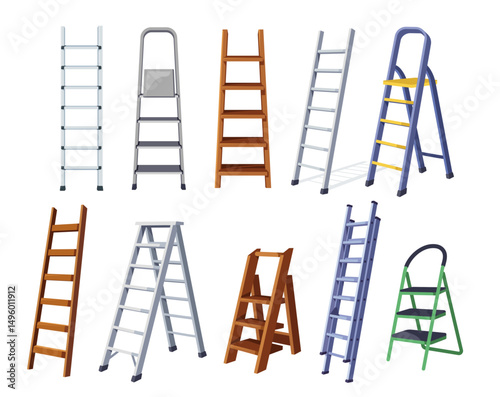 Set of different ladders. Stickers with high stepladders, aluminum staircase, wooden and metal stairs. Household or garden equipment. Cartoon vector illustration collection isolated on background
