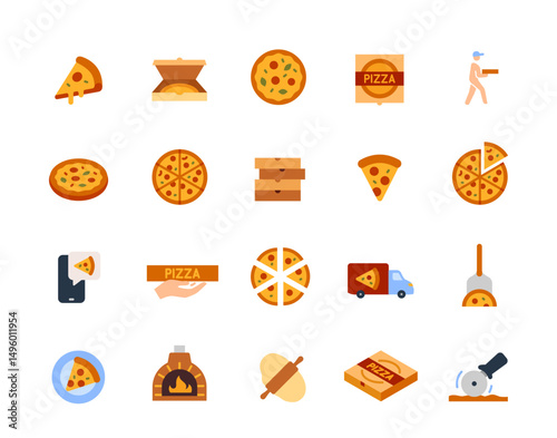 Pizza icons set. Colorful signs with pizza slice, italian food box, courier, knife and oven. Design for cafe menu and food delivery app. Flat vector illustration collection isolated on background