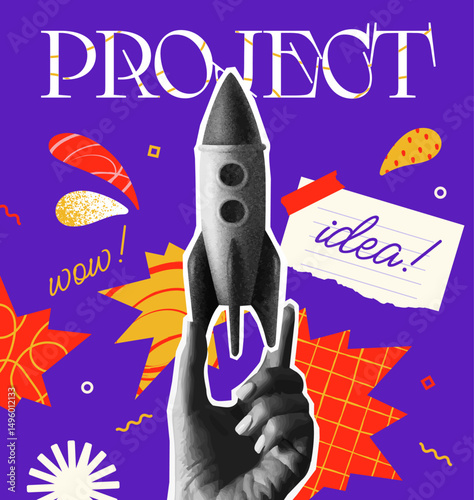 Startup Launch Concept. Retro poster in halftone style with hand holding rocket. Creative idea for new business and project implementation. Abstract vector illustration in pop art style