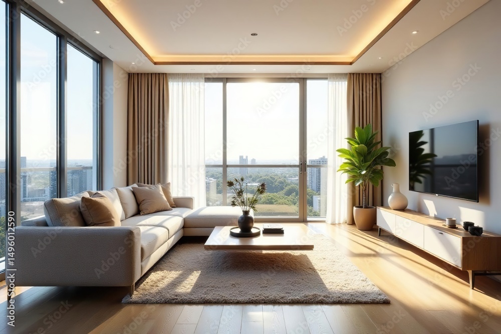 Fototapeta premium Modern minimalist condo living room, bright sunlight, sunlight, decor