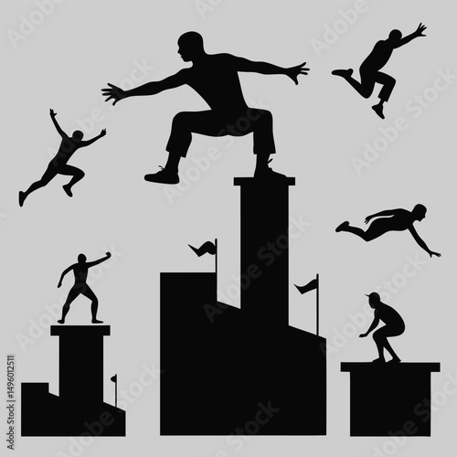 Silhouettes of Athletes Jumping Over Obstacles on Podium