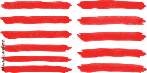 Underline red color crayon set - hand drawn chalk or marker horizontal highlighter strokes. Rough textured edges pencil lines