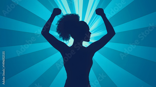 Empowered Woman Silhouette: A strong silhouette of a woman with arms raised in victory, set against a vibrant blue radial background. The image conveys strength, empowerment, and resilience. 