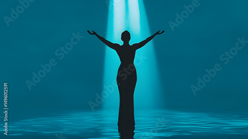 Embracing the Light: A silhouette of a woman bathed in ethereal light, arms outstretched, standing in a sea of serene darkness.