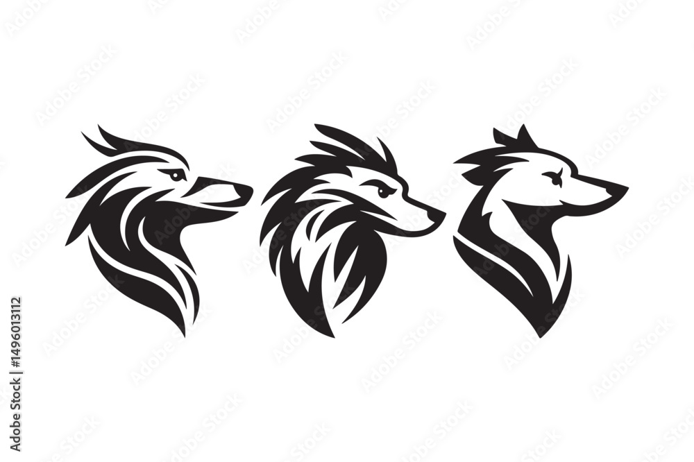 Obraz premium Three Wolf Head Silhouette Vector Set