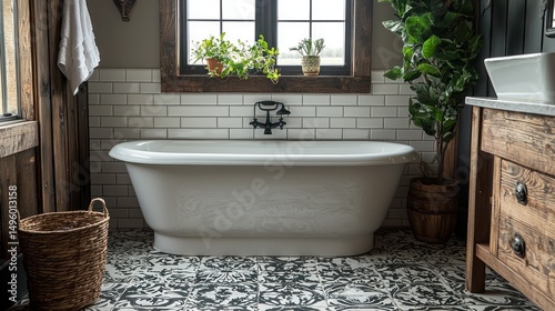 Wallpaper Mural Rustic farmhouse bathroom; clawfoot tub, plants, window view Torontodigital.ca