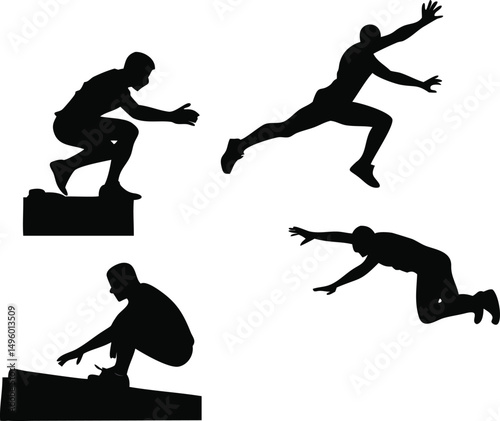 Silhouette Set of Athletes Performing Long Jump