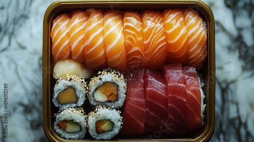 Salmon sushi box lunch marble background