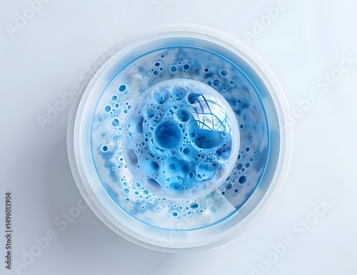 Overhead View: Bright Blue Bubbles in Clear Liquid Inside White Container