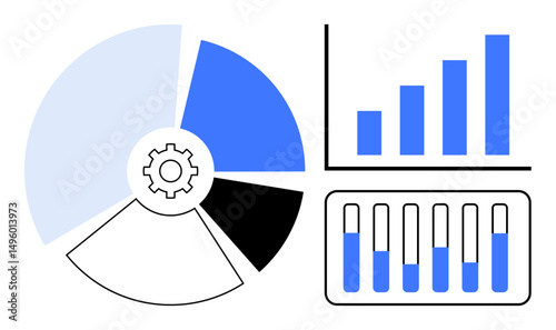 Pie chart, bar graph, and gear icon representing data visualization, analytics, business strategy, growth, and performance. Ideal for business presentation, financial report corporate design