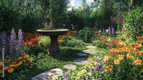 Serene garden path, stone birdbath, flowers, summer