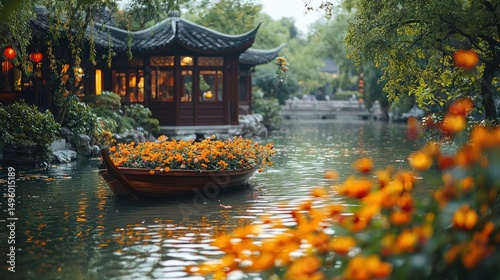 Serene Garden Pavilion, Boat, Flowers, China, Evening