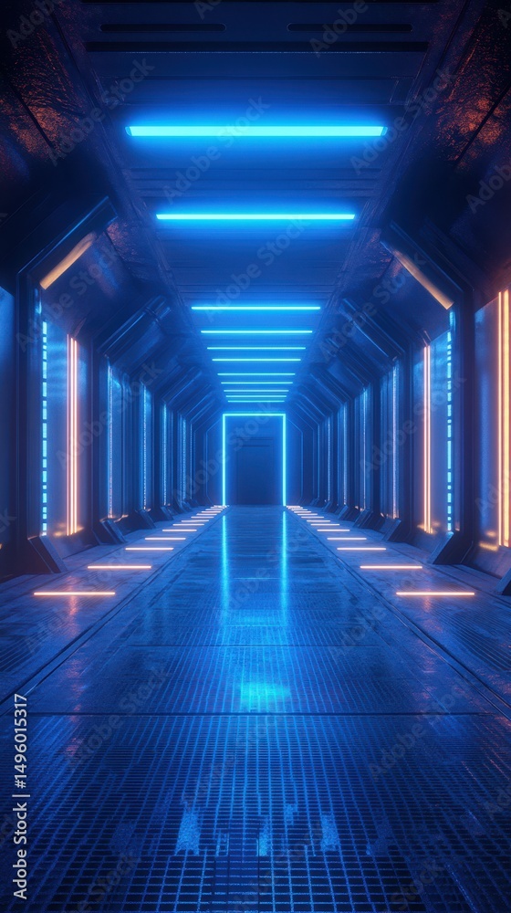 Fototapeta premium Futuristic hallway illuminated by blue and orange lights in a sci-fi environment