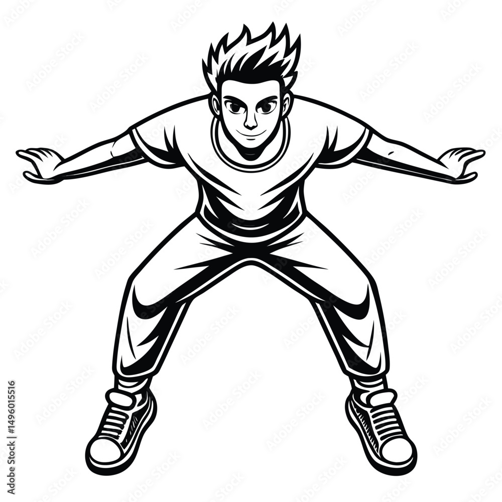 Fototapeta premium Young Man in Low Squat Position Black and White Illustration