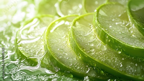 Sliced aloe vera, water droplets, leaf background, skincare