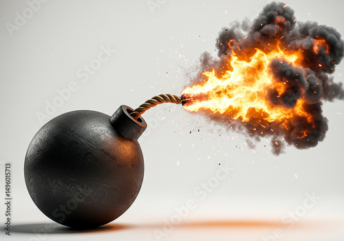 Bomb with burning fuse and explosion. Concept of danger, risk, war. photo