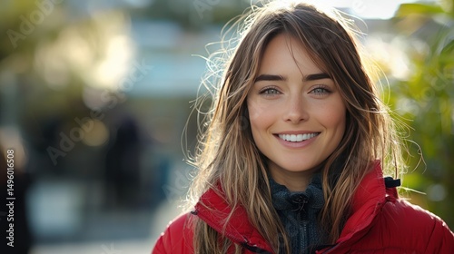 Smiling woman, city park, sunny day, portrait
