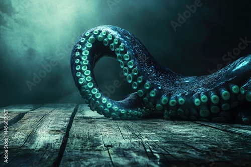 A colossal octopus tentacle rests on a weathered wooden surface, shrouded in an eerie, misty atmosphere.