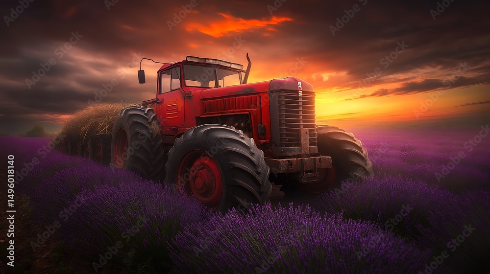 Fototapeta premium Red Tractor in Lavender Sunset Field.