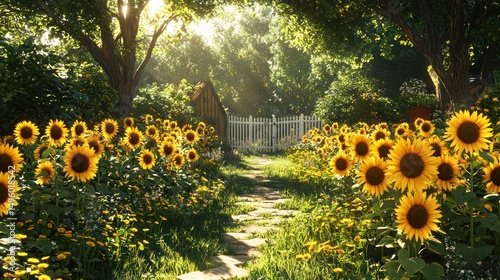 Sunlit Garden Path, Sunflowers, Gate, Cottage, Summer