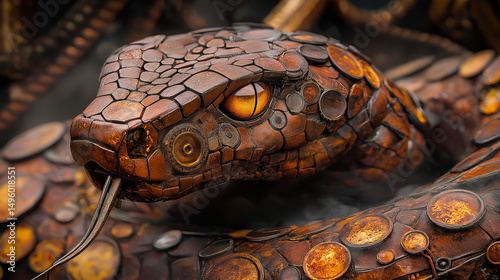 Steampunk Pit Viper – Intricately Designed Mechanical Snake with Copper Scales, Gears, and Steam Elements in a Vintage Industrial Setting