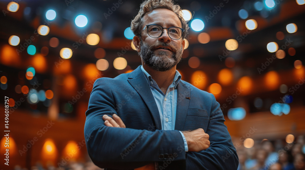 Obraz premium Male business coach in suit delivering a flipchart presentation, engaging an audience with clear communication and professional confidence in a formal setting...