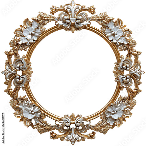 Fantasy Golden Baroque Mirror Frame with Symmetrical Circular Design and Ornamental Scrolls on White Backdrop isolated on transparent background