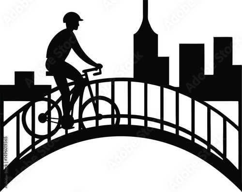 Bicyclist on City Bridge Silhouette
