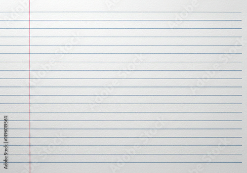 Blank lined paper with a red margin line. Education concept.