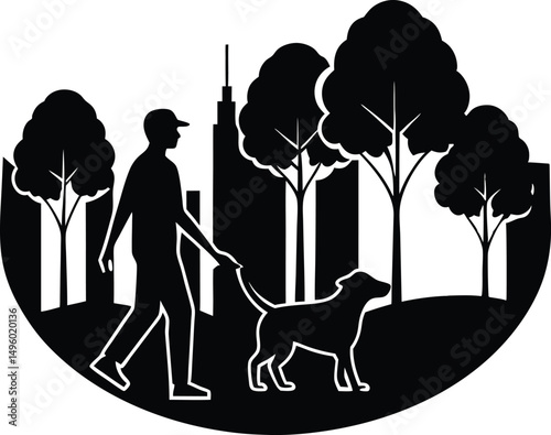 Dog Walker in City Park Silhouette