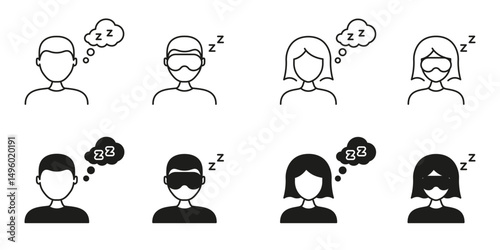 Sleeping Person With Eye Mask Line And Solid Icon Set. Rest, Relaxation, Sleep Symbol Collection. Male And Female Figures With Sleep Masks And Thought Bubbles. Isolated Vector Illustration