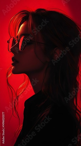 Profile silhouette of a woman in sunglasses against a striking red background, capturing elegance and mood with stylish lighting.