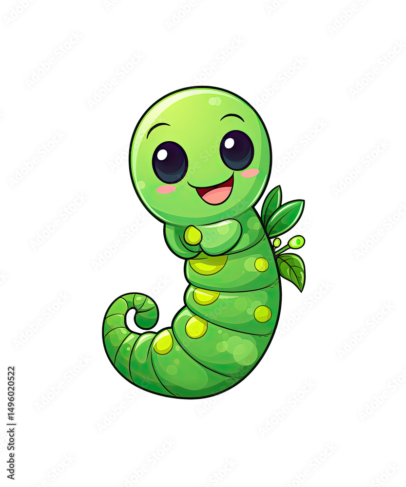 Fototapeta premium Cute green cartoon caterpillar animal isolated on white
