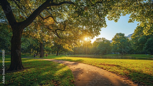 Sunset park path, autumn foliage, city backdrop, leisure