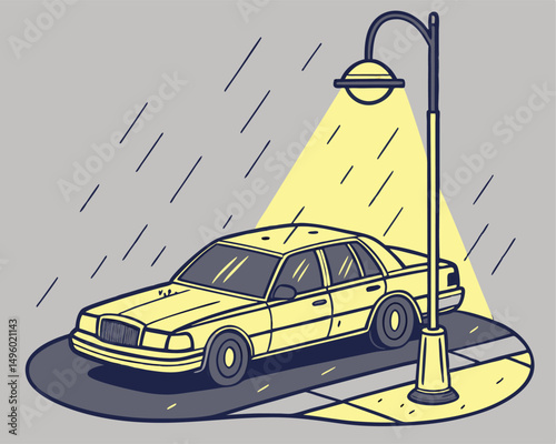 Taxi Under Rainy Streetlight