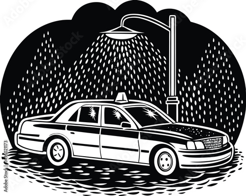 Taxi Under Rainy Streetlight Silhouette
