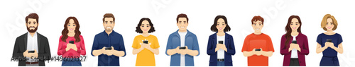 Smiling people holding using mobile phones. Men and women characters set. Vector illustration isolated