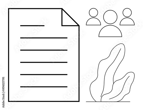 Document sheet beside three user icons and abstract plant. Ideal for teamwork, project management, collaboration, content creation, online learning, communication tools, simple landing page
