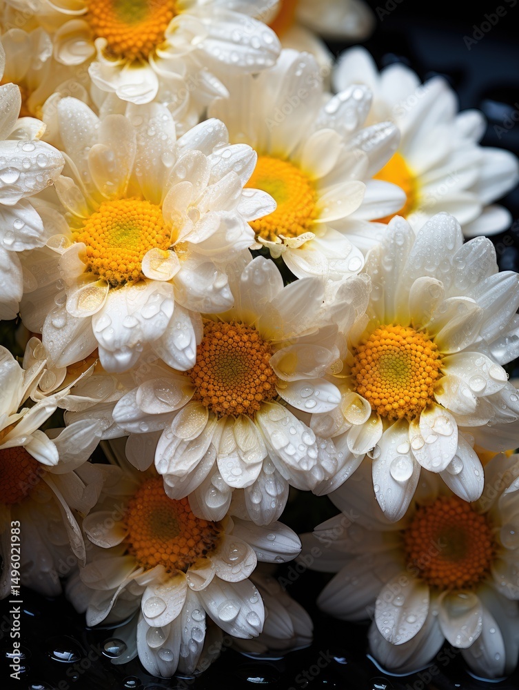 Obraz premium A close up view of a cluster of white daisy flowers with water droplets on the petals and yellow centers