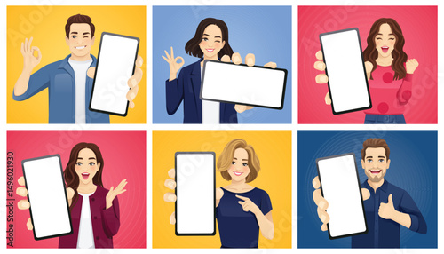 Portraits of young women and men showing blank phone screens. Vector illustration on different colorful backgrounds set