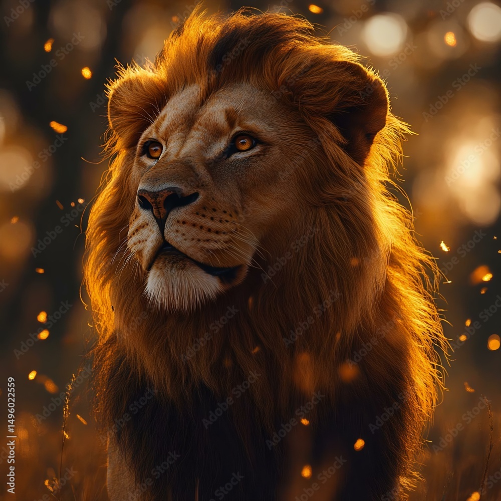 Naklejka premium Majestic lion portrait with a golden mane, set in a warm, glowing environment, showcasing its powerful and regal presence.