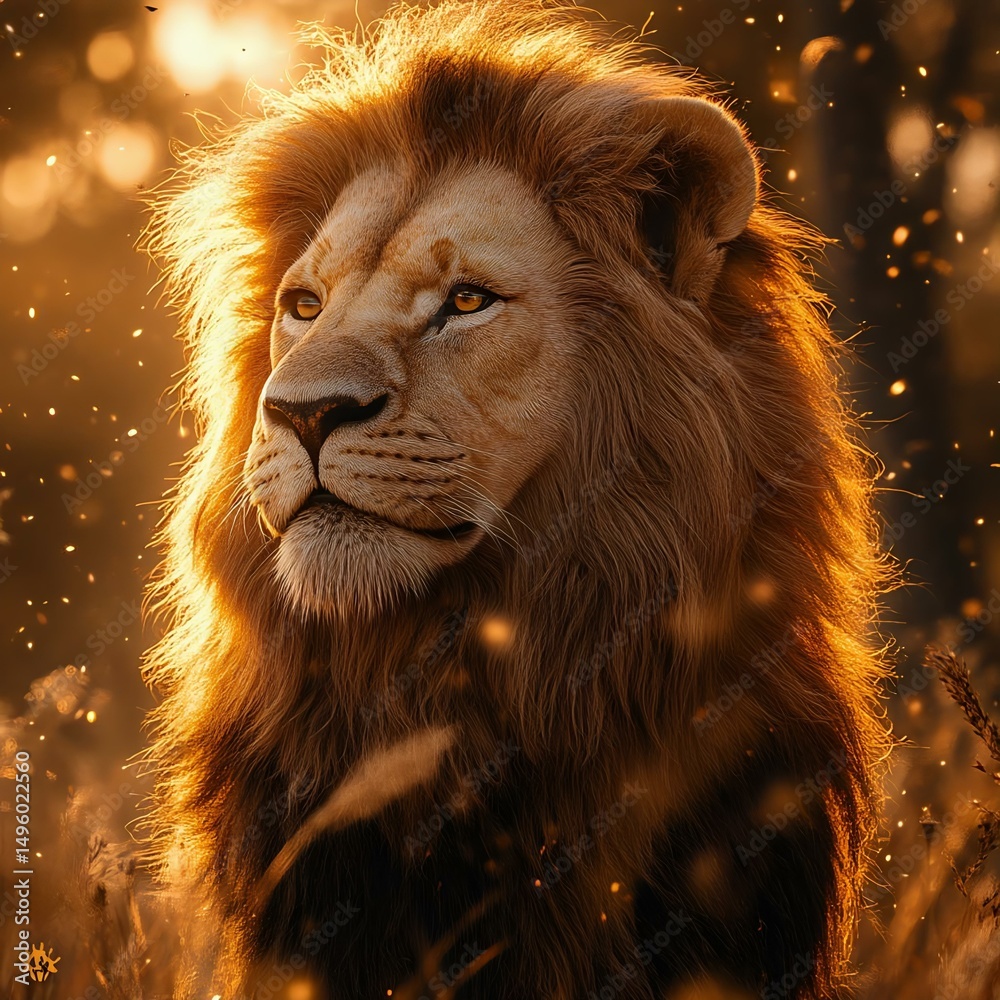 Fototapeta premium Majestic lion portrait illuminated by golden sunlight. Captivating gaze and magnificent mane. Perfect for wildlife and nature enthusiasts.