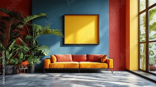 Vibrant Living Room Mockup, Tropical Plants, Sunlight