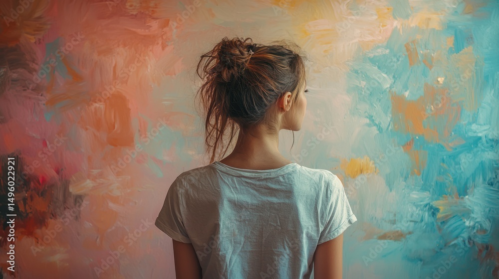 custom made wallpaper toronto digitalWoman admiring colorful painted wall, studio